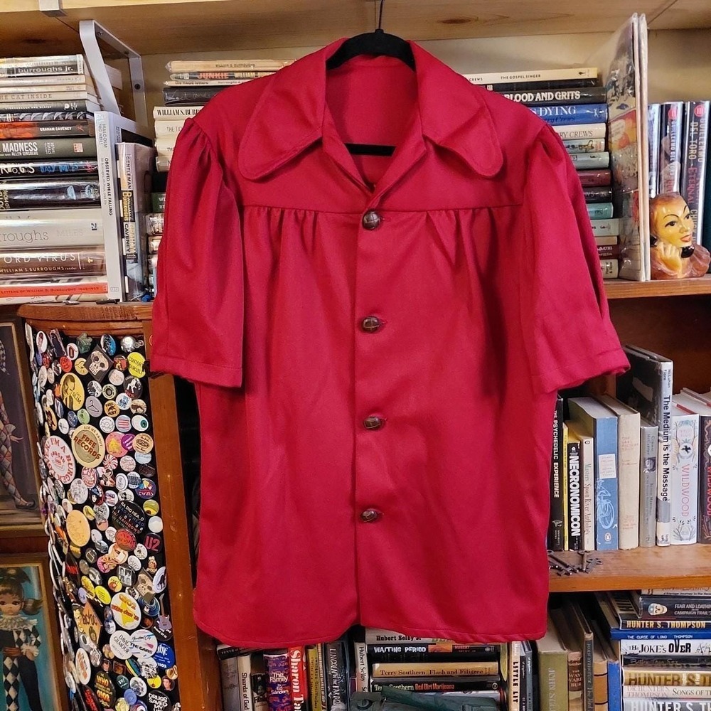 Vintage red homemade housecoat with buttons.‎